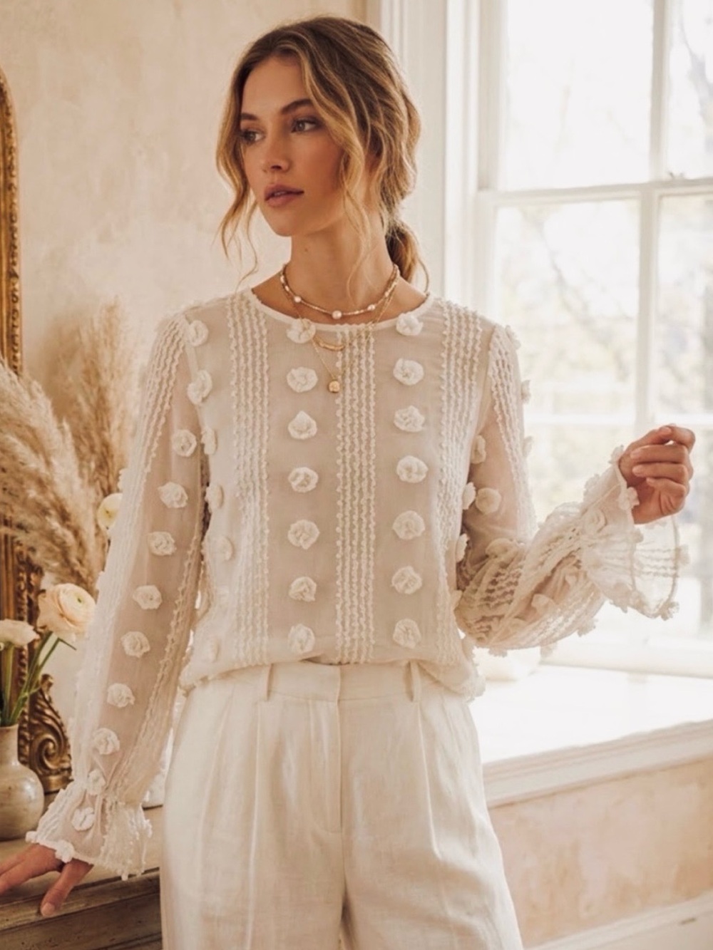 Bohme Textured Raised Pom Pom Rosette Ruffle Blouse